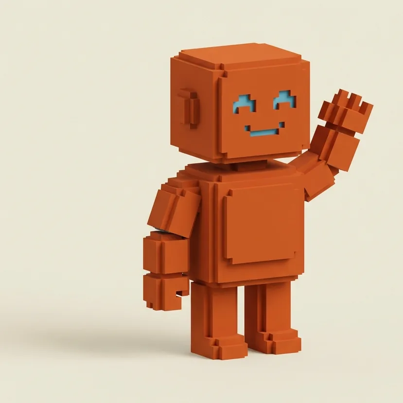 Mascotte robot voxel arancione che saluta